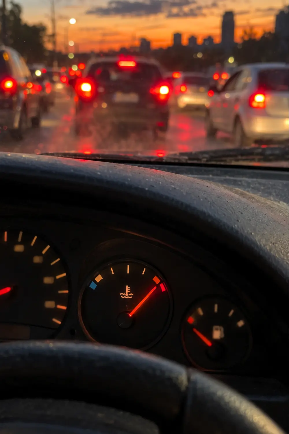 Carro esquentando mesmo com água no radiador: o que checar, nessa ordem 1 Ponteiro de temperatura perto do vermelho no painel do carro parado no trânsito