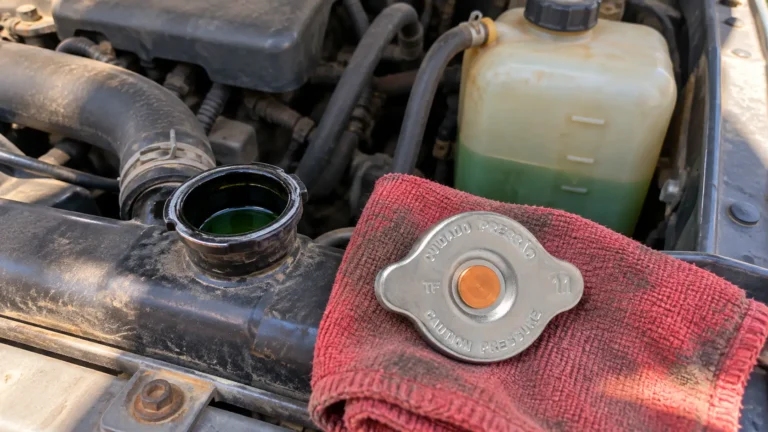 Tampa de radiador retirada e apoiada em um pano ao lado do bocal, com o motor frio, antes de completar a água