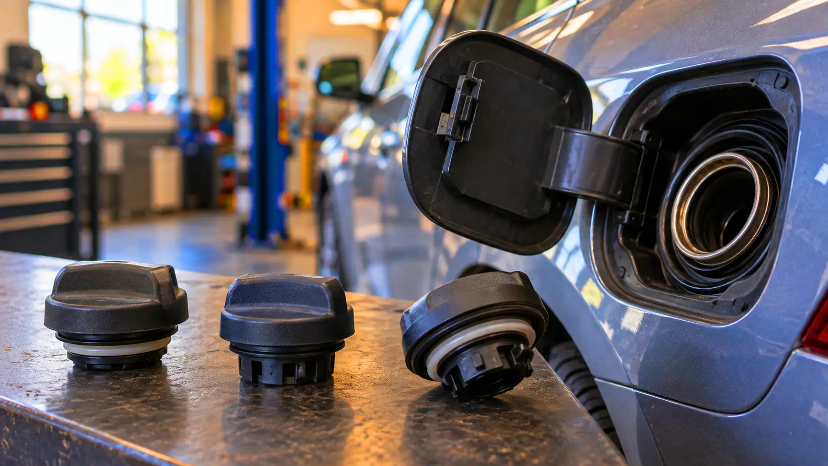 Bocal de abastecimento aberto de um carro em oficina, com tampas de combustível ao lado Bocal de abastecimento aberto de um carro em oficina, com tampas de combustível ao lado