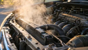 Vapor saindo do radiador de um carro com o capô aberto Vapor saindo do radiador de um carro com o capô aberto