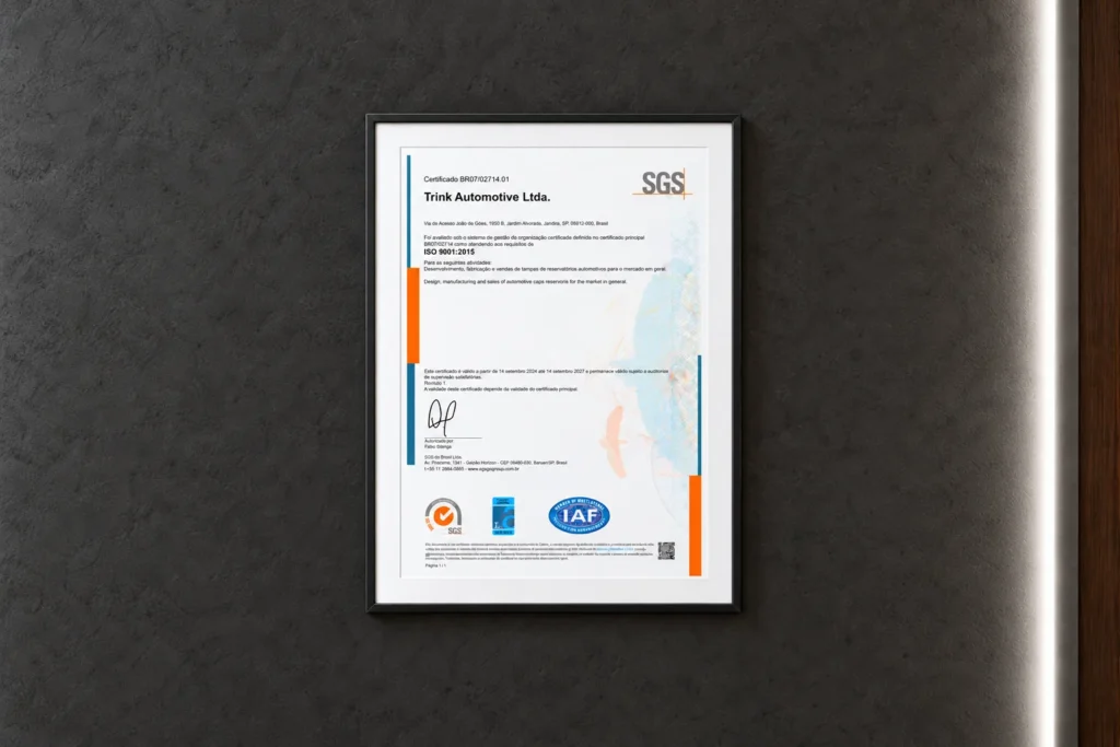 Certificado ISO 9001 da Tampas Trink, emitido pela SGS